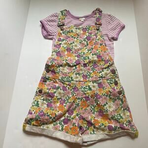 Mini Boden Purple Striped Pointelle Shirt & Floral Shortall Overalls